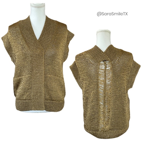 {VPL} Metallic Gold Chunky Knit Short Cap Sleeve Cardigan Sweater - RARE! - Picture 1 of 15